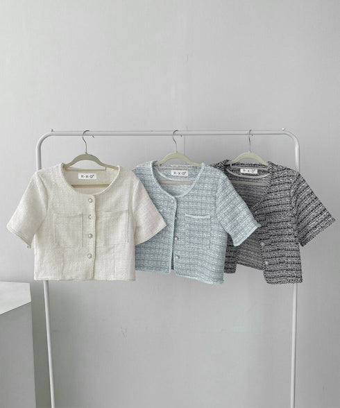 ツイード風ジャケットノーカラージャケット レディース パールボタン オフィス夏服 ショート丈アウター フォーマル カーディガン きれいめ羽織り サマージャケット夏 86SSJL-022